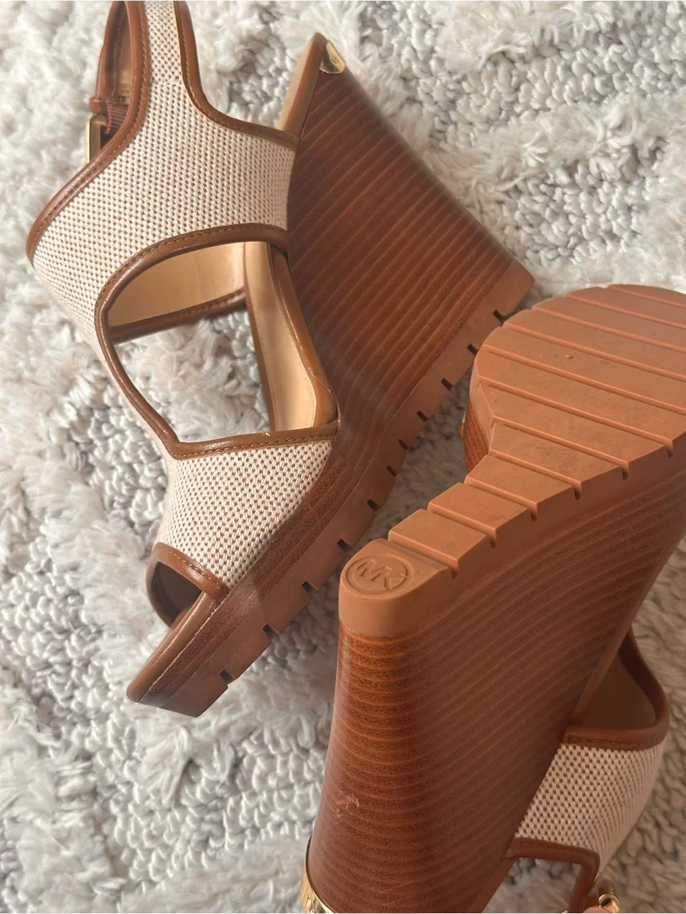 Michael Kors Gillian Wedge Euro Summer Sandals with Cream and Brown Leather Trim